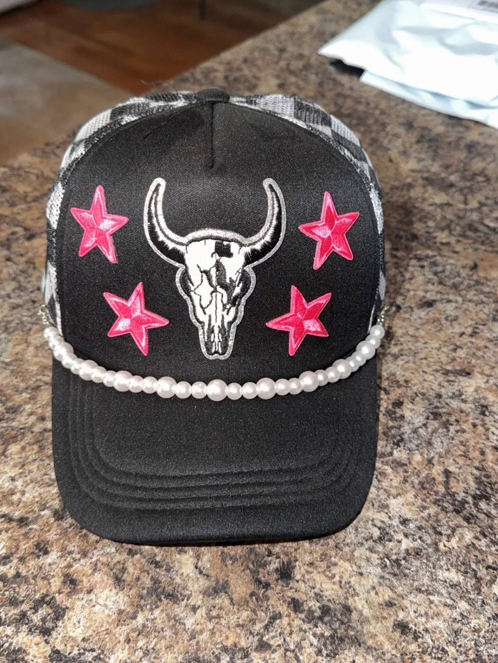 Black Trucker Cap with Pink Stars & Bull Skull Accent